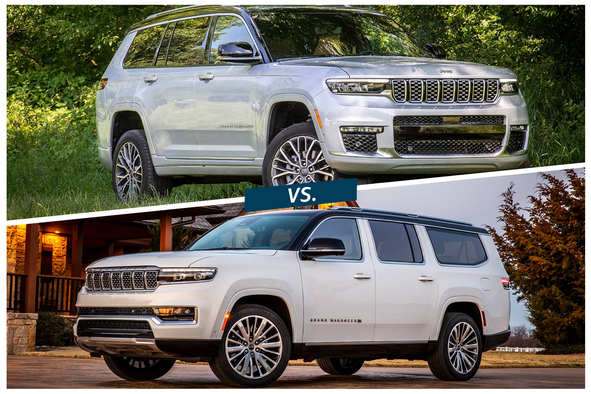 2023 Jeep Grand Cherokee L in silver and 2023 Jeep Grand Wagoneer L in white compared