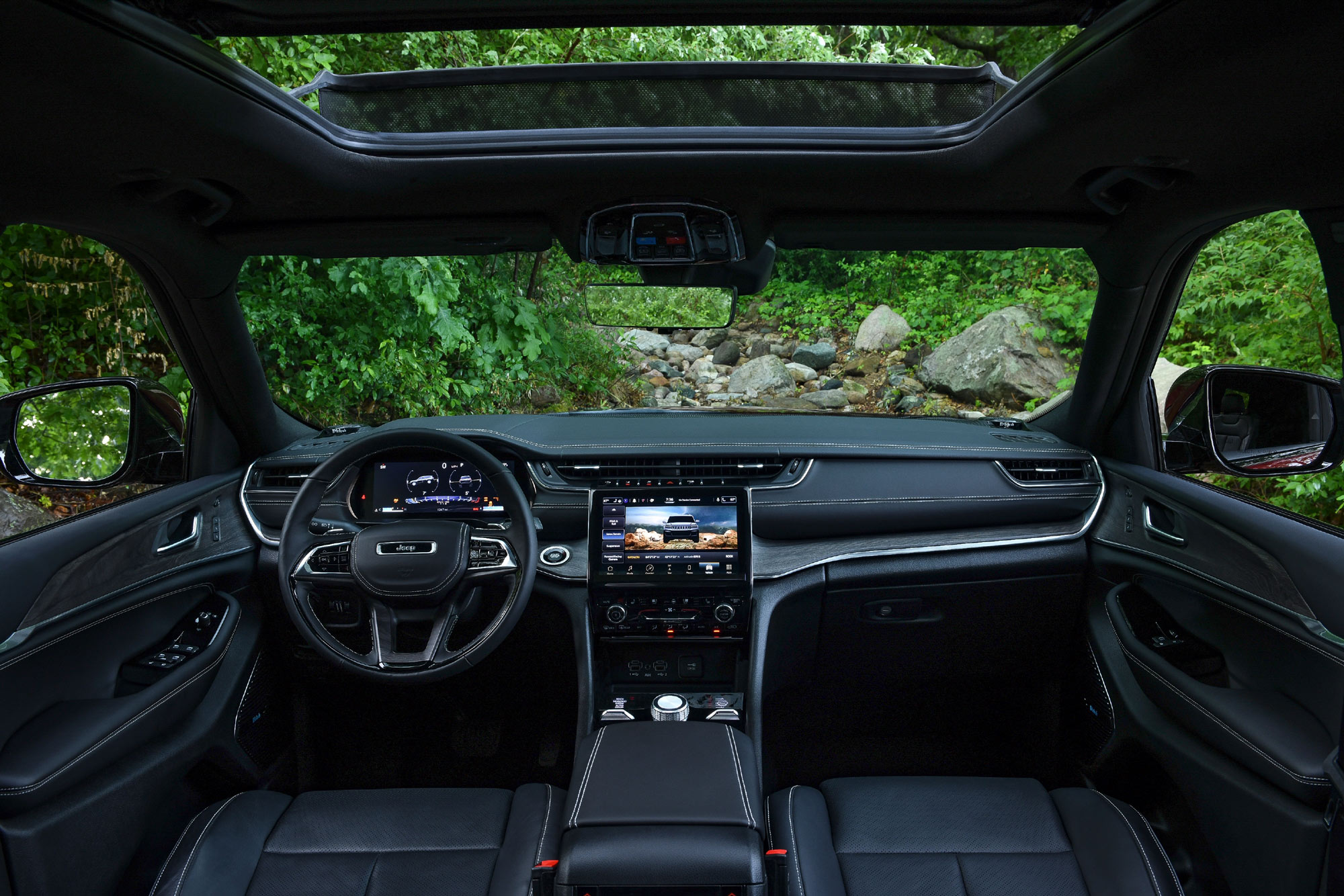 2023 Jeep Grand Cherokee L Overland black interior and dashboard