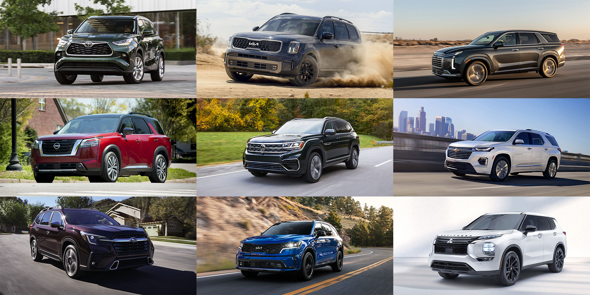 A collage of nine of the least expensive three-row SUVs on sale in the U.S. in 2023