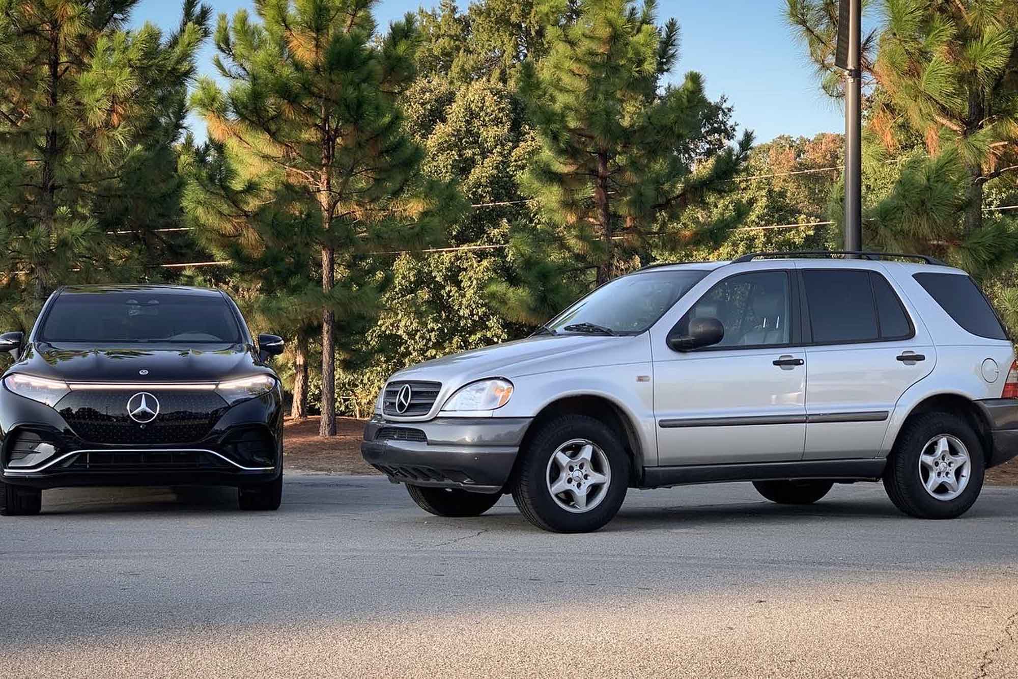 Black Mercedes EQS 580 and Silver Mercedes ML320