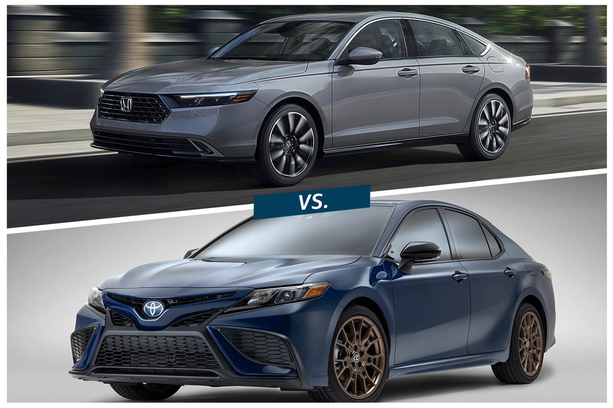 Gray 2023 Honda Accord Touring and Blue 2023 Toyota Camry compared