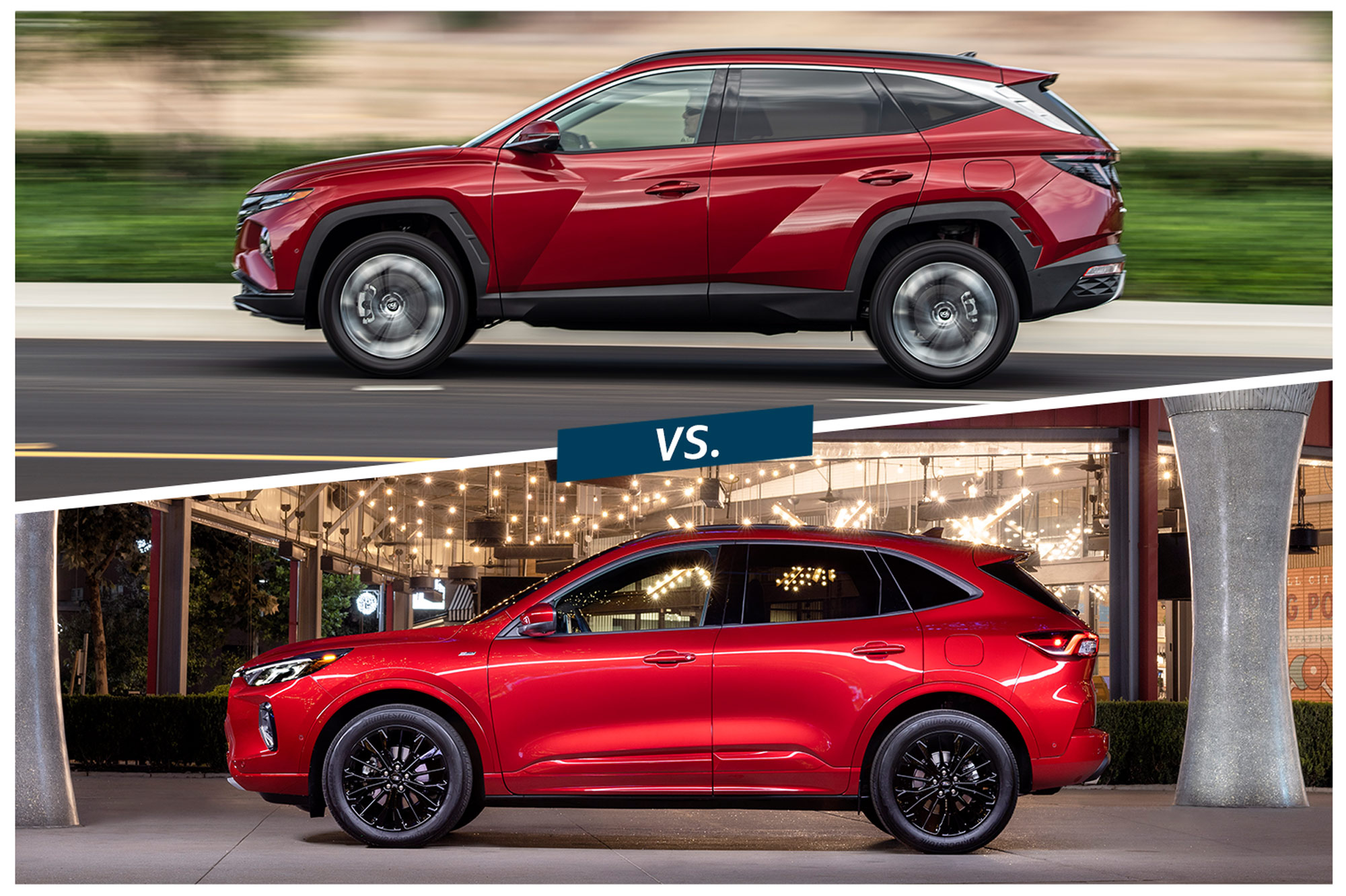 2023 Hyundai Tucson in red and red 2023 Ford Escape ST-Line Elite compared