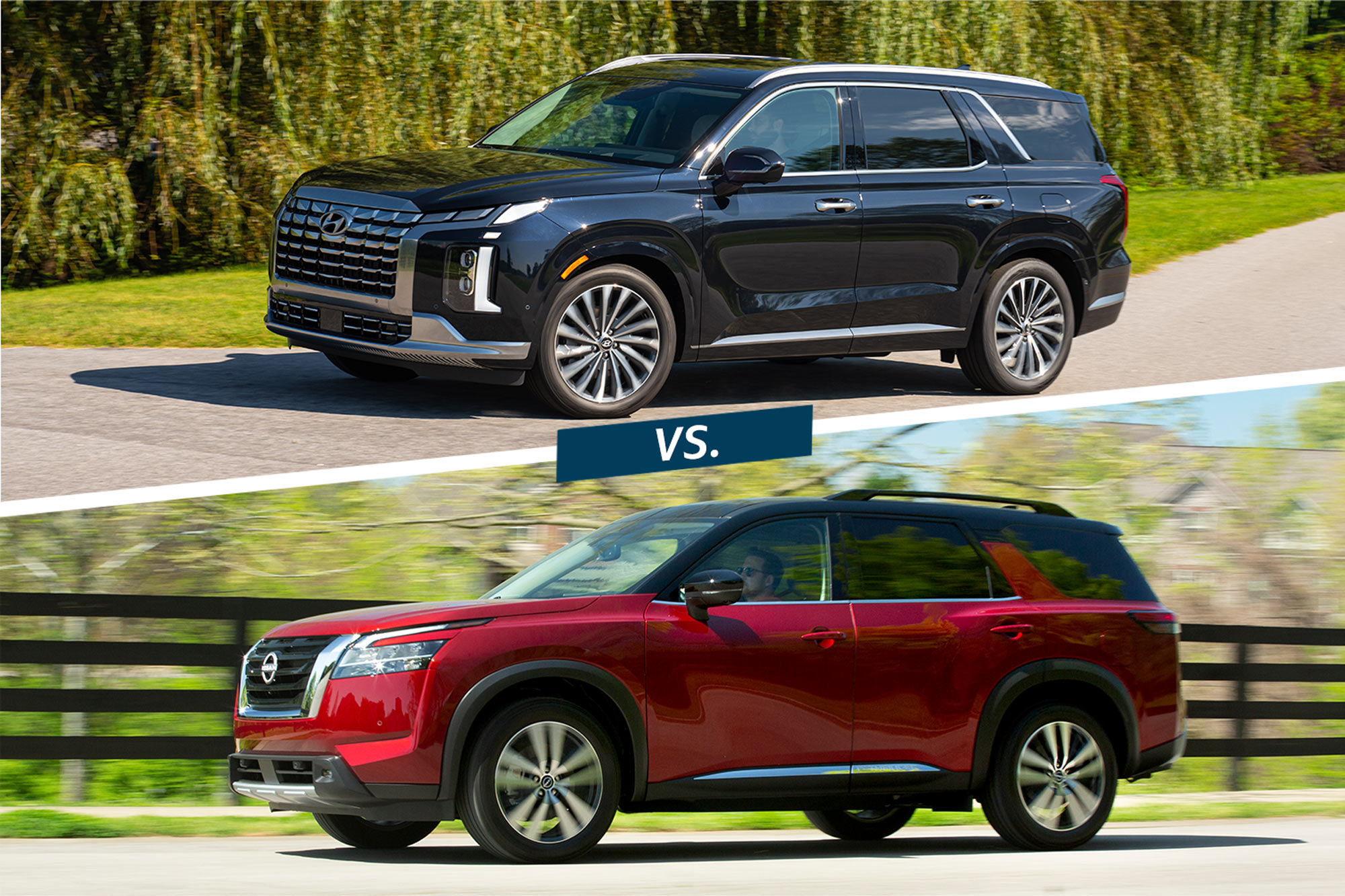 Blue 2023 Hyundai Palisade and red 2023 Nissan Pathfinder compared