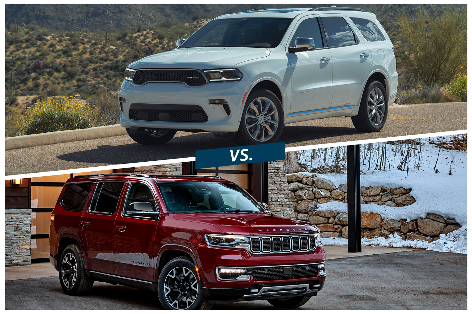 2023 Dodge Durango Citadel in white and red 2023 Jeep Wagoneer compared