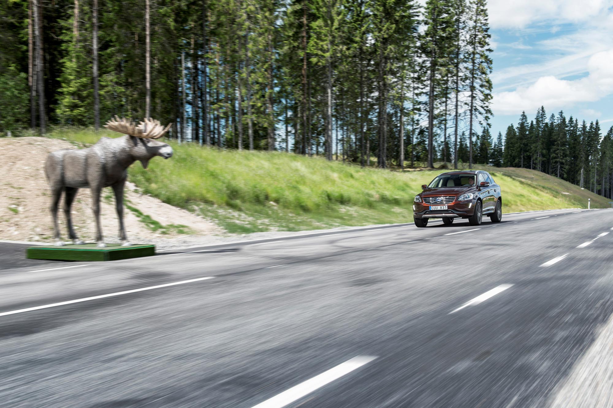 Volvo XC60 SUV drives down roadway toward model of a moose.