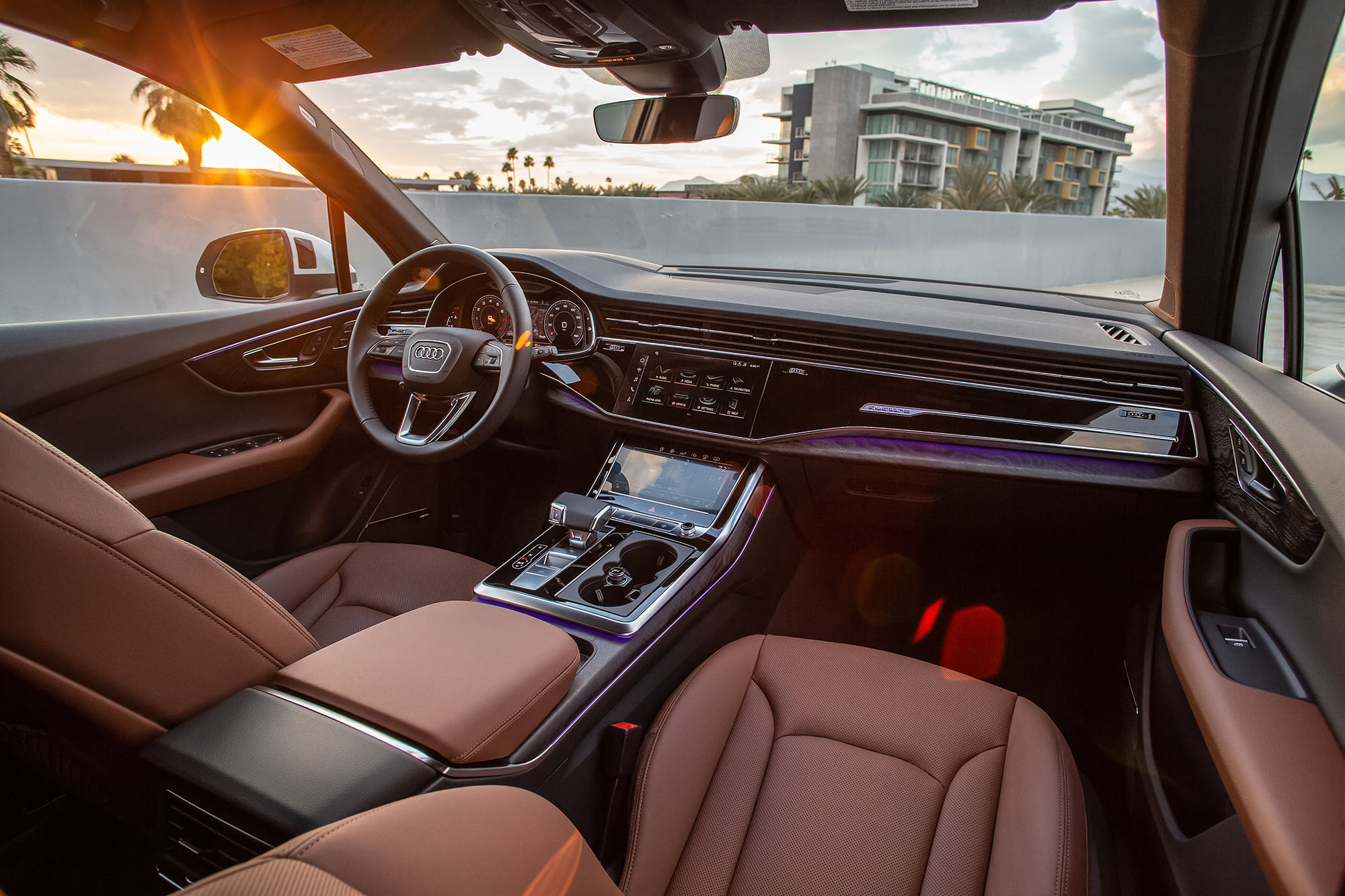 Audi Q7 interior, dashboard, and brown seats