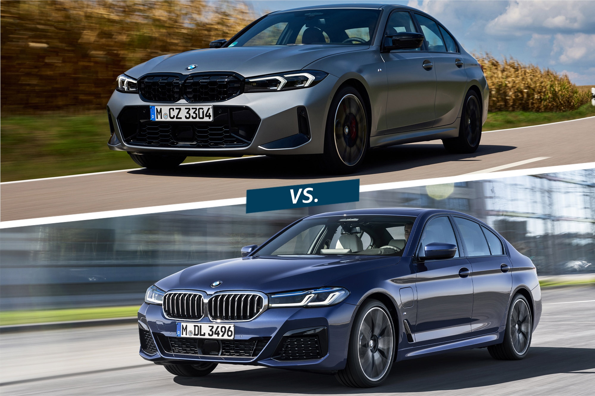 Split image of a 2023 BMW M340i xDrive in gray atop a BMW 5 Series in blue