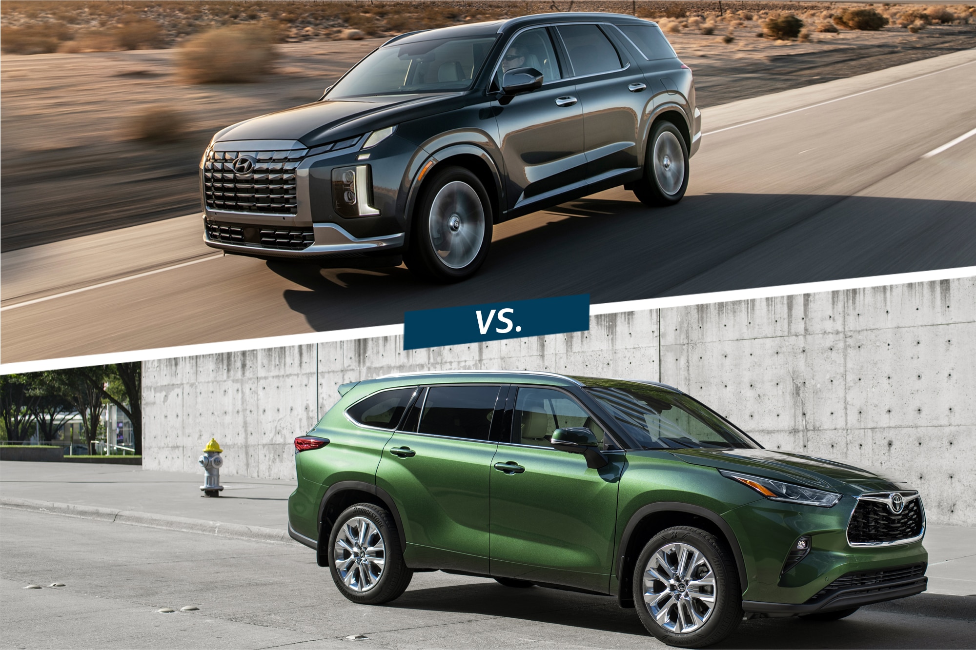 Gray 2024 Hyundai Palisade on top of a split image with green 2024 Toyota Highlander below