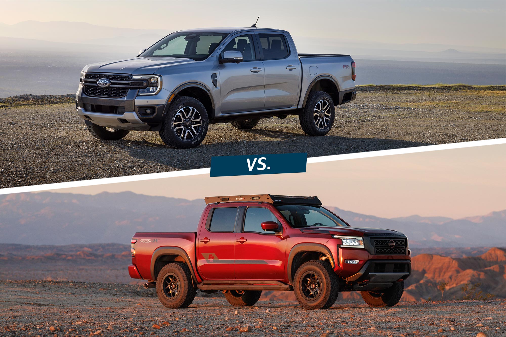 Silver 2024 Ford Ranger and red 2024 Nissan Frontier parked off-road.