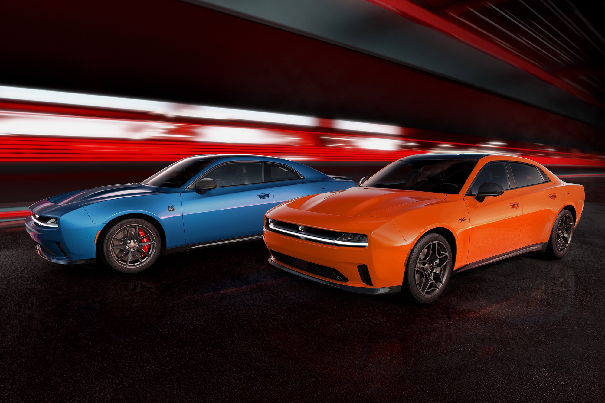 A blue two-door and an orange four-door Dodge Charger Daytona
