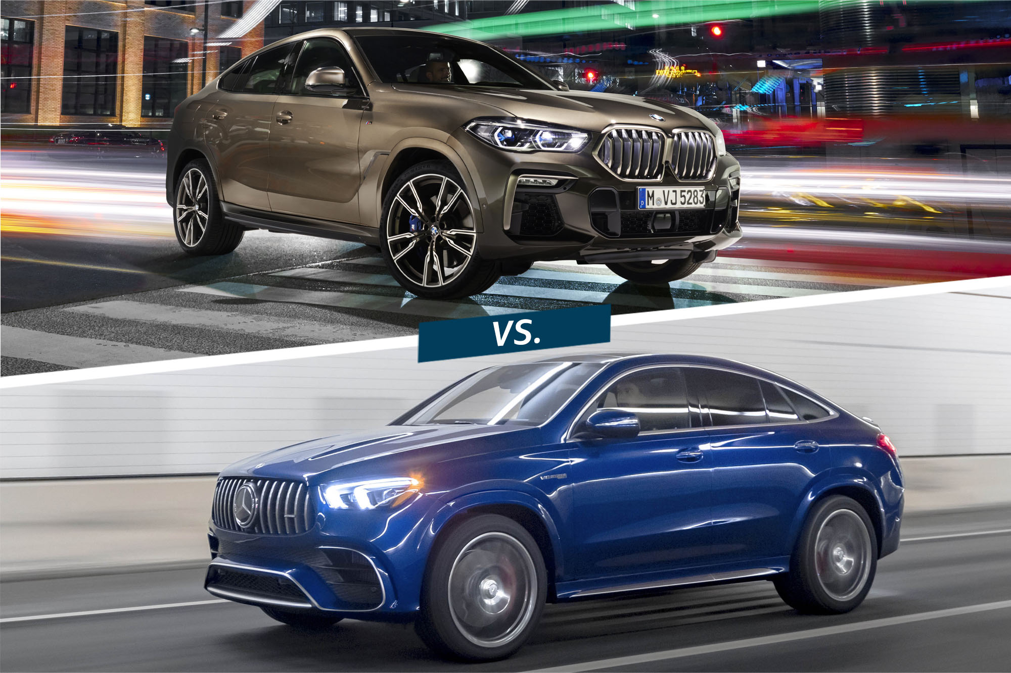 Split image of a brown BMW X6 atop a blue Mercedes-AMG GLE 63 S Coupe