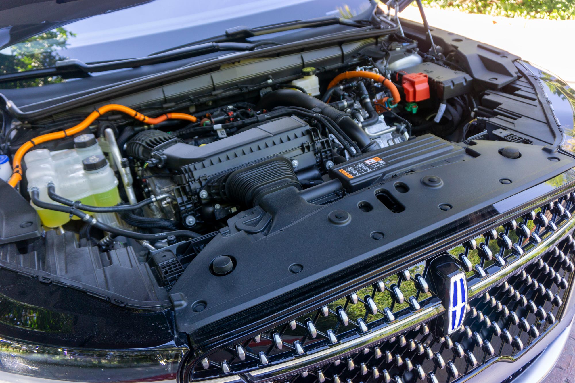 View of the 2024 Lincoln Nautilus hybrid powertrain as seen under the SUV's hood.