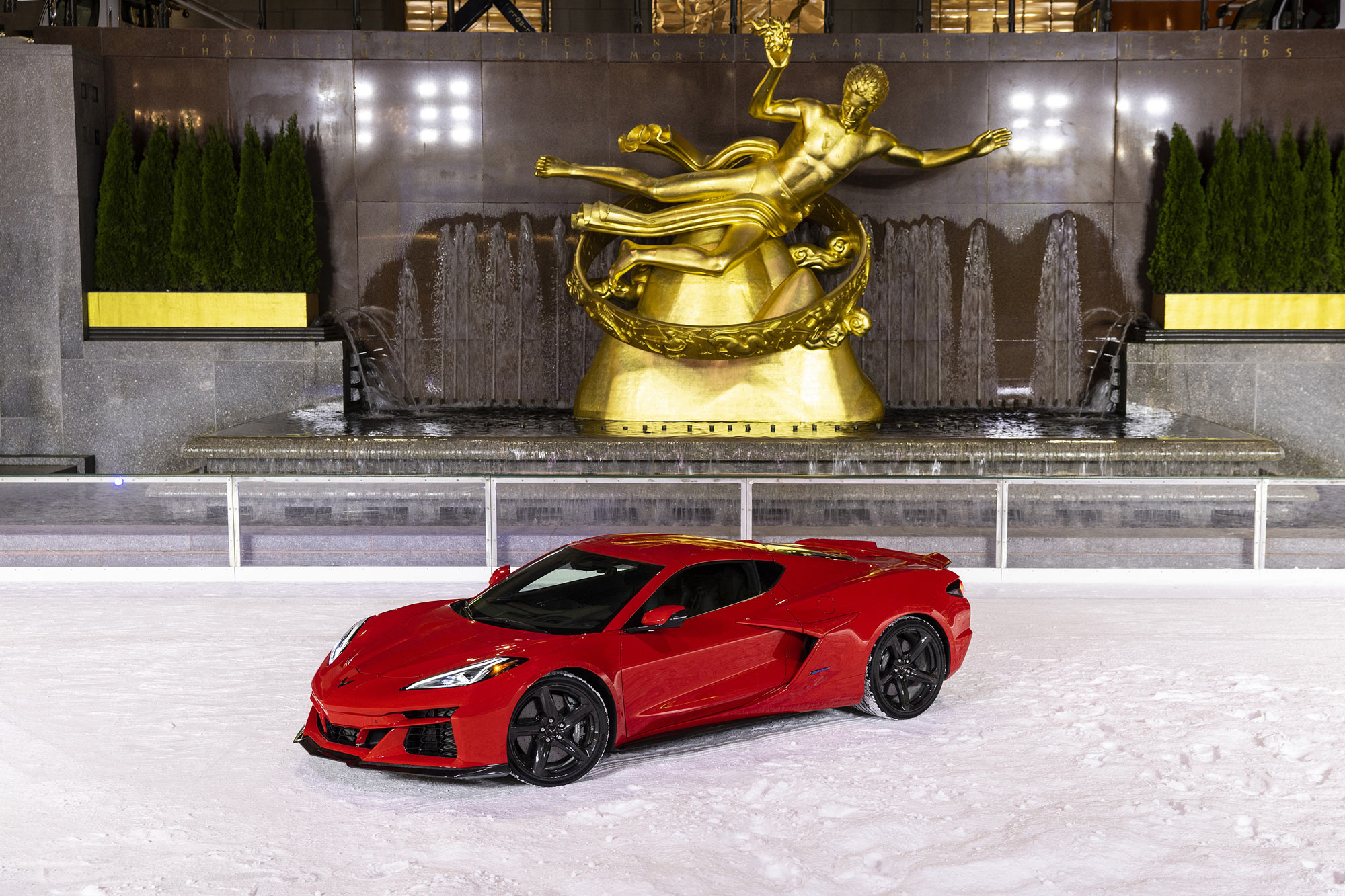 Red 2024 Chevrolet Corvette E-Ray at Rockefeller Center