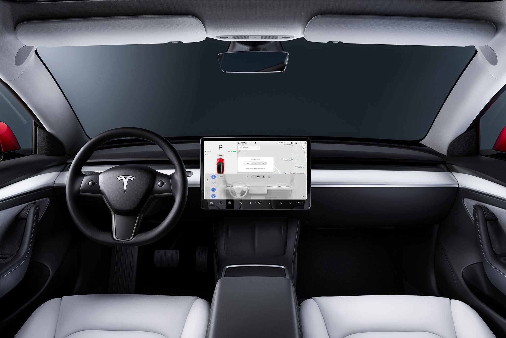 Steering wheel, dashboard, and front seats in Tesla Model 3