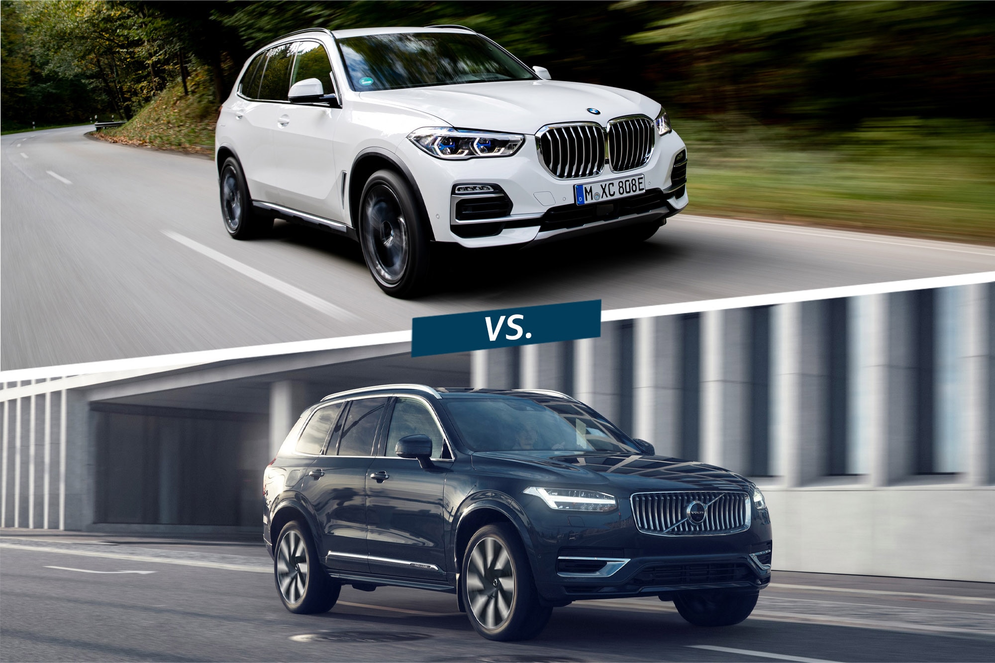 Split image of a BMW X5 xDrive45e in white atop a 2023 Volvo XC90 Recharge T8 AWD in Denim Blue