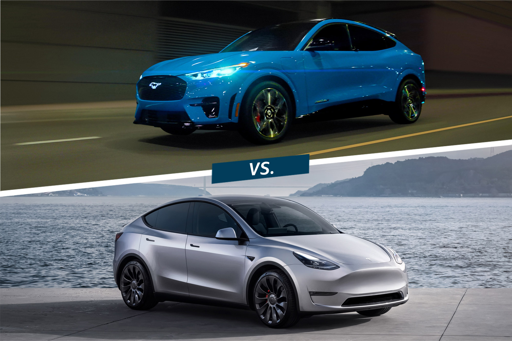 Split-screen image of a 2023 Ford Mustang Mach-E GT in blue atop a silver Tesla Model Y