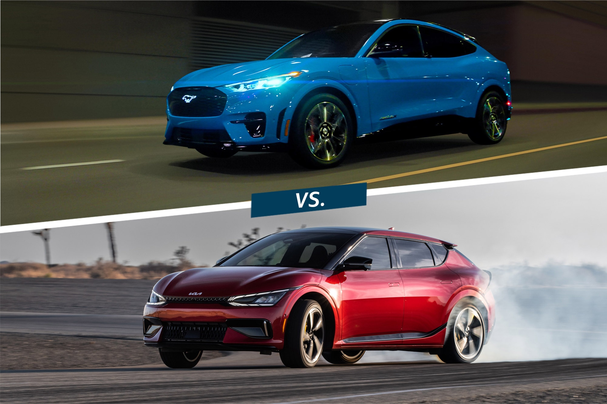 Split-screen image of a 2023 Ford Mustang Mach-E GT in Grabber Blue Metallic above a red 2023 Kia EV6 GT drifting