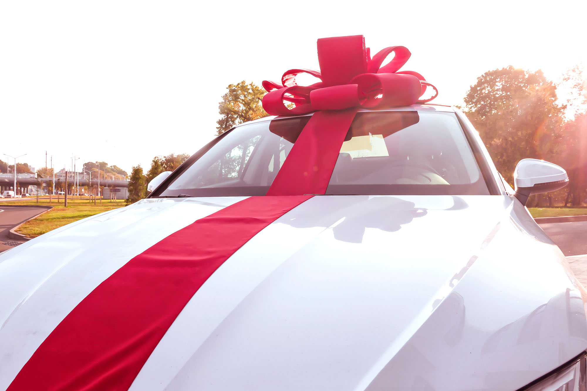 A white car with a large red bow on the roof