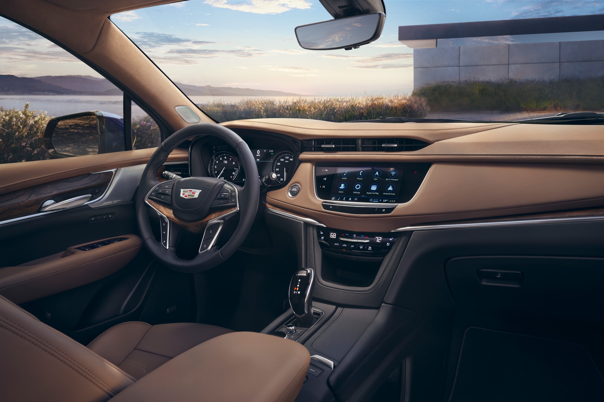 Steering wheel and dashboard in a 2023 Cadillac XT5