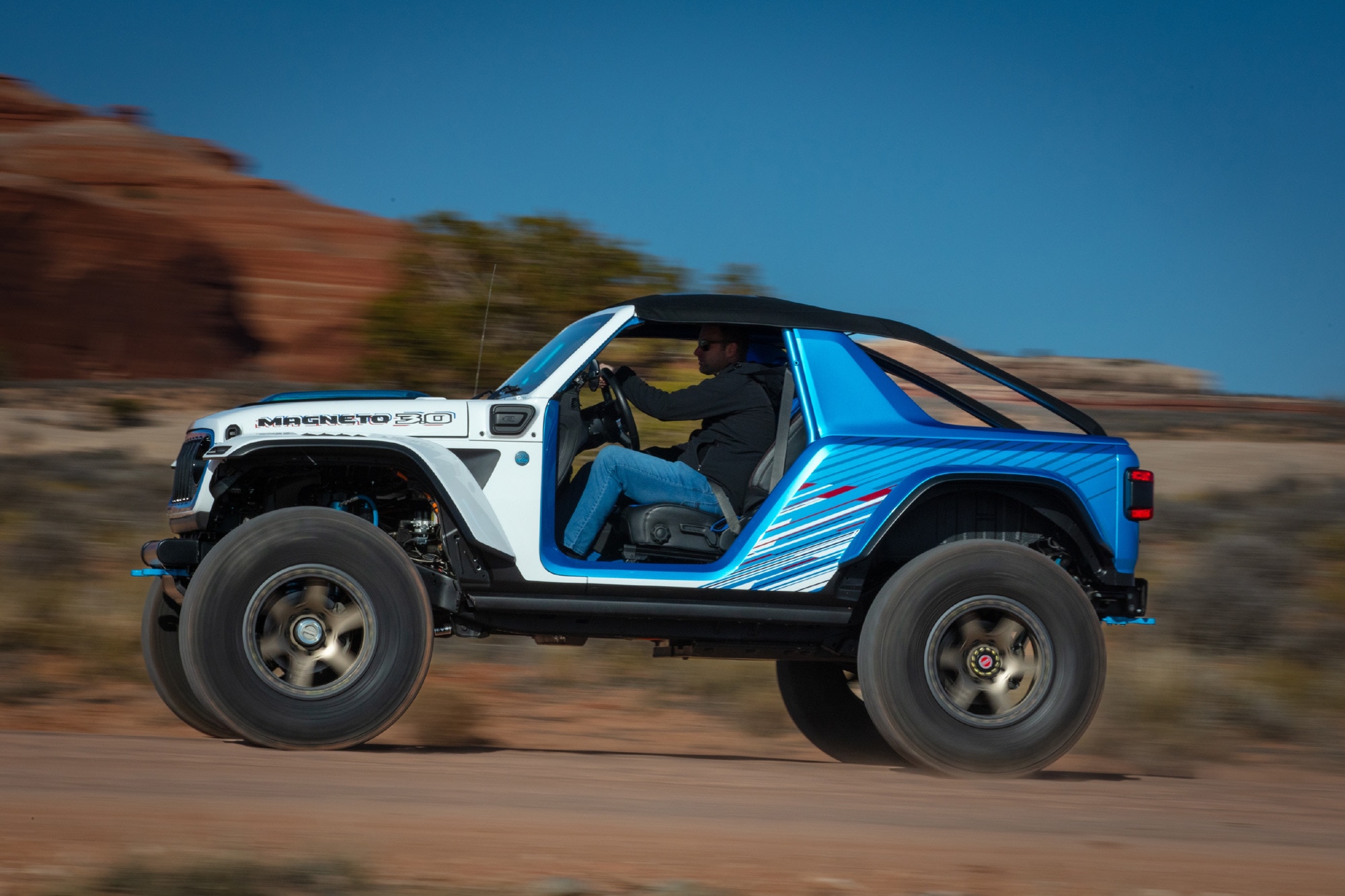 Blue and white Jeep Wrangler Magneto 3.0 4xe concept at the 2023 Easter Jeep Safari