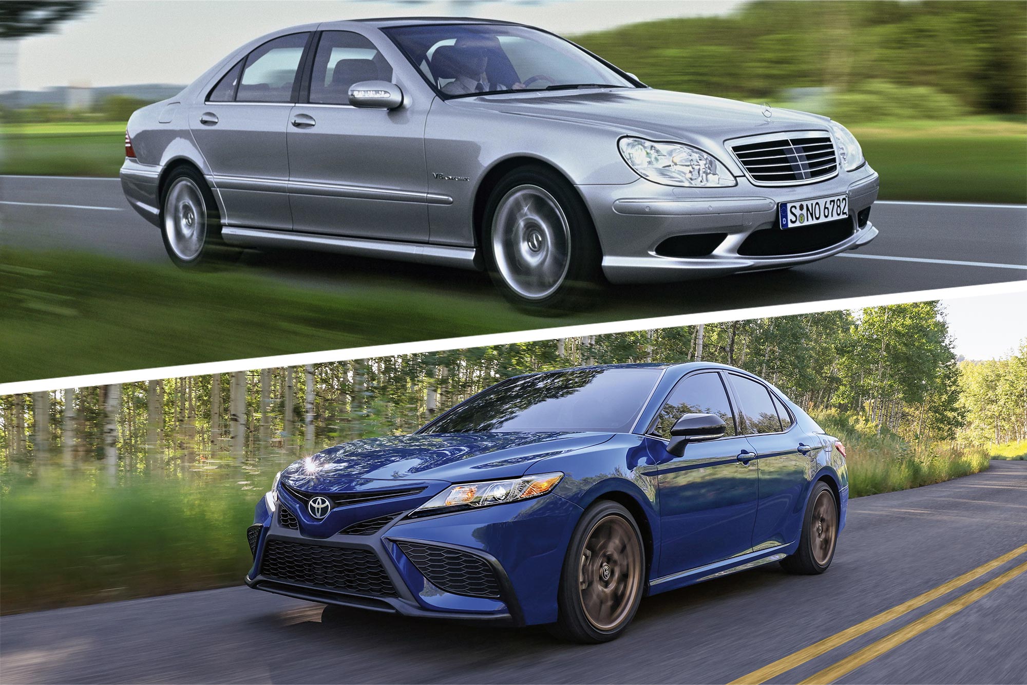 2004 Mercedes-Benz S-Class and 2024 Toyota Camry combination image.