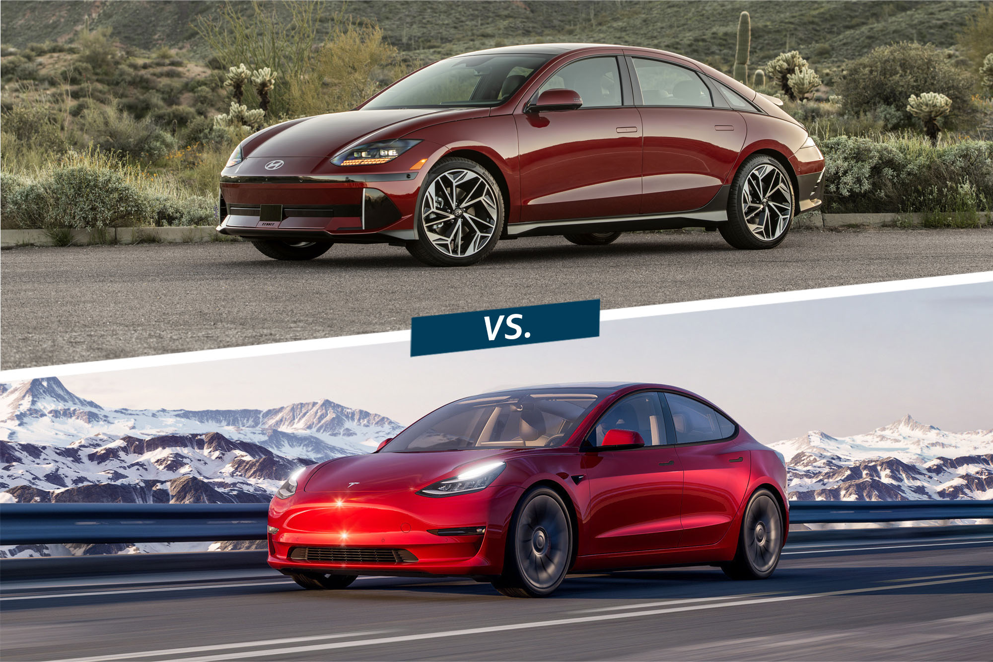 Split-screen image of a dark-red 2023 Hyundai Ioniq 6 Limited above a red Tesla Model 3