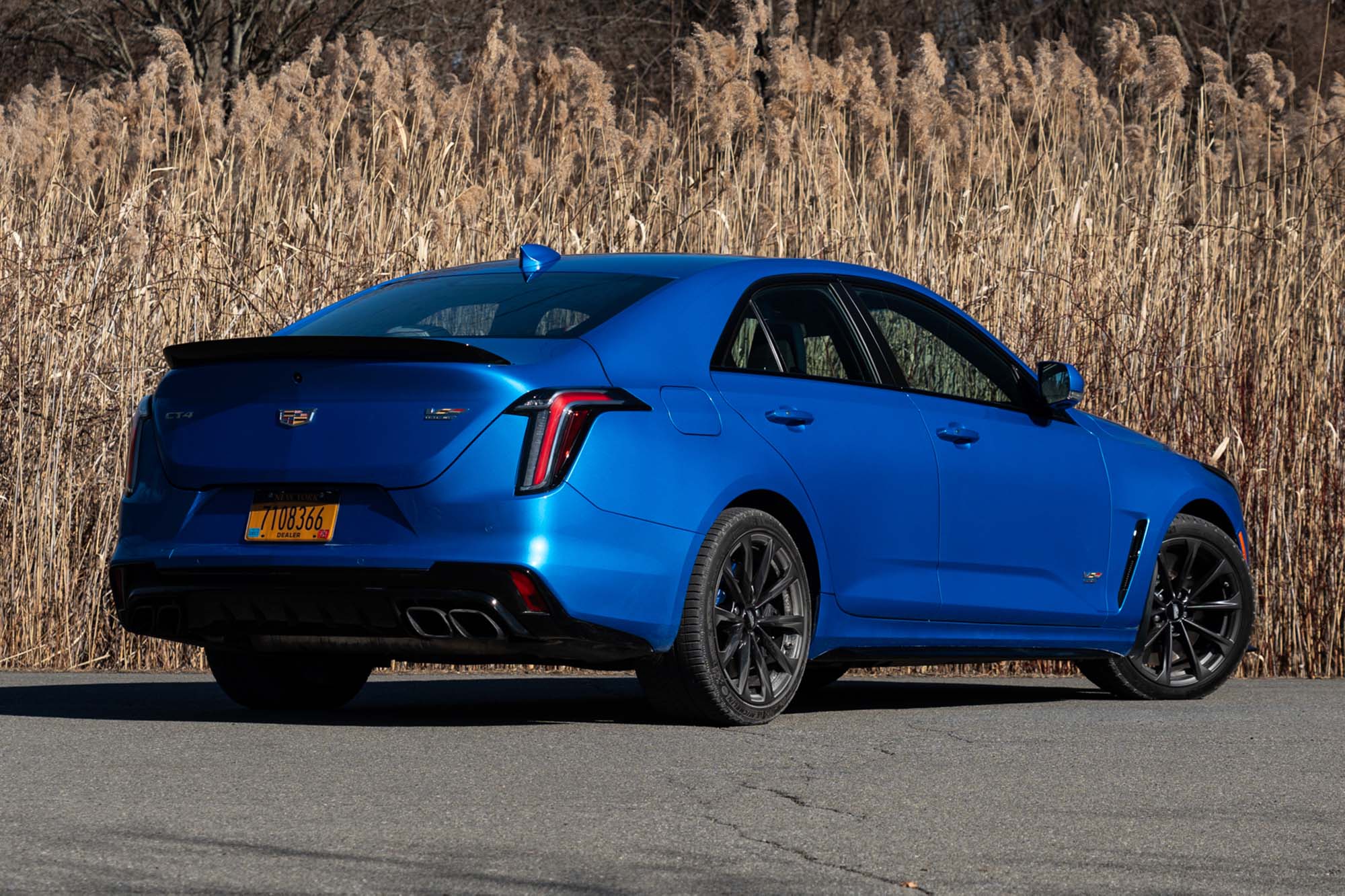 Rear view of a Coastal Blue 2024 Cadillac CT4-V Blackwing parked on pavement near trees.