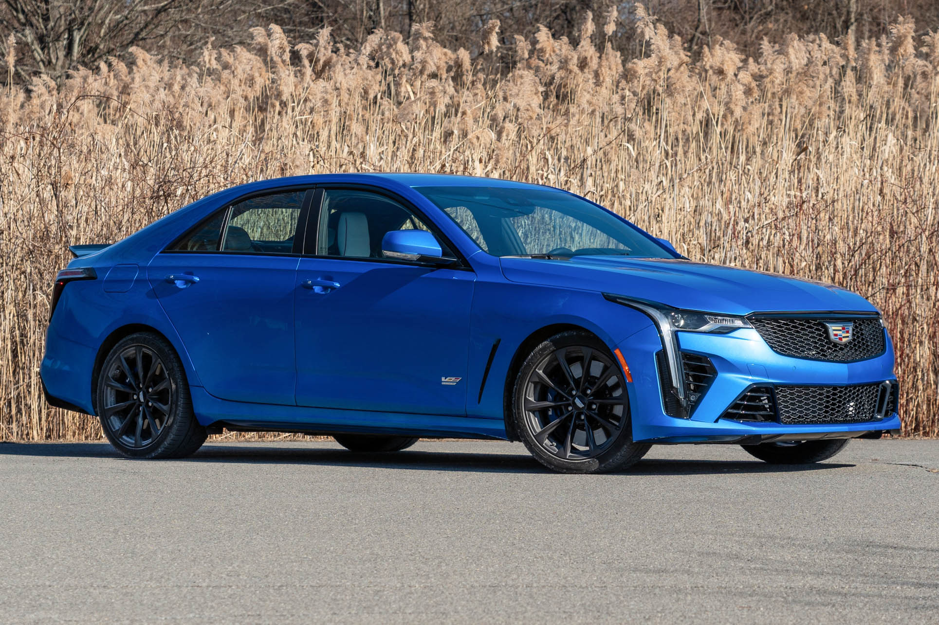 Front right quarter view of a Coastal Blue 2024 Cadillac CT4-V Blackwing parked on pavement near trees.