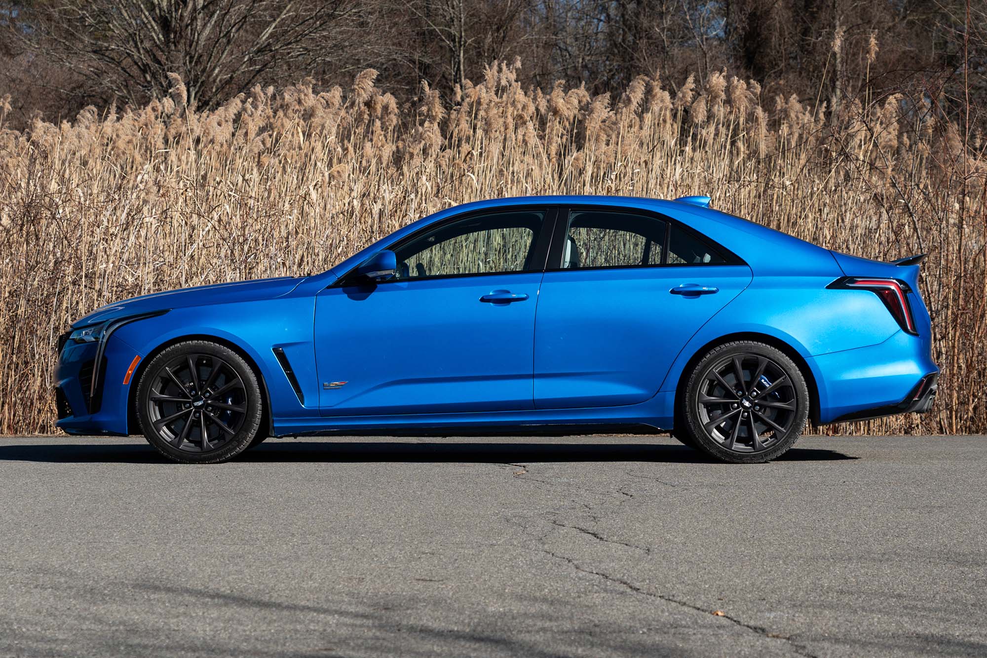 Side view of a Coastal Blue 2024 Cadillac CT4-V Blackwing parked on pavement near trees.