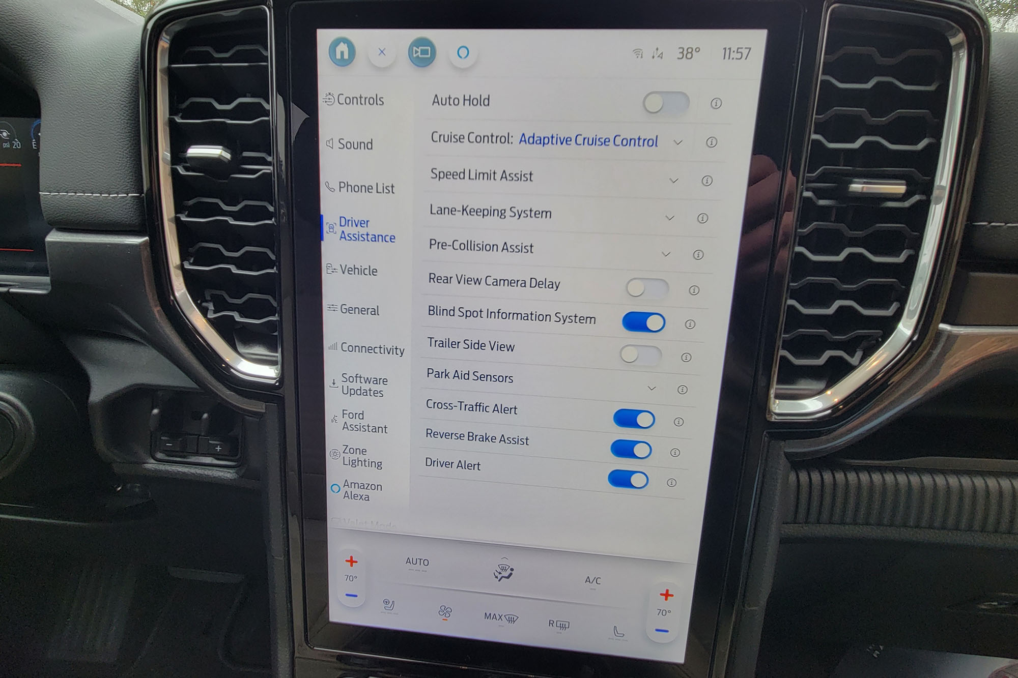 Ford Co-Pilot360 safety feature settings on 2024 Ford Ranger infotainment screen.