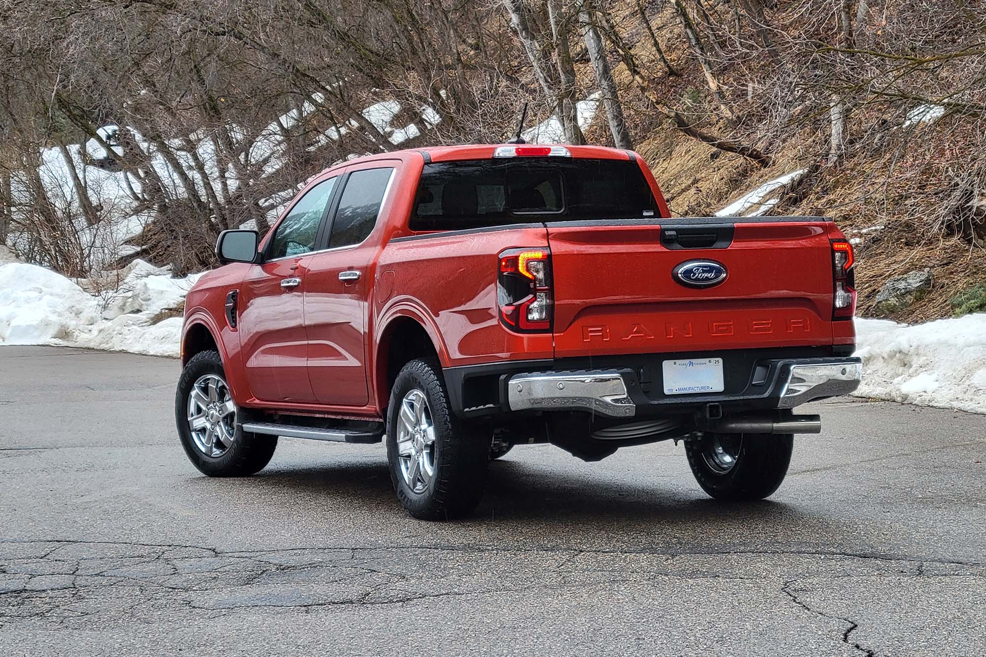 Back three-quarter view of a red 2024 Ford Ranger.