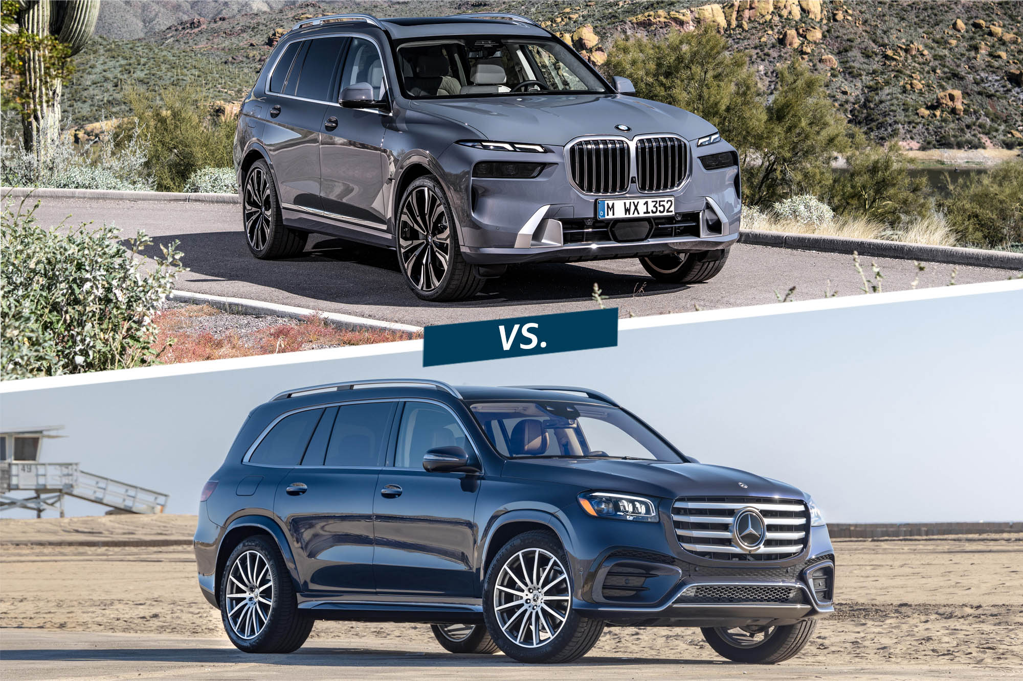 Split-screen image of a 2023 BMW X7 xDrive40i in gray atop a blue 2023 Mercedes-Benz GLS 450 4Matic