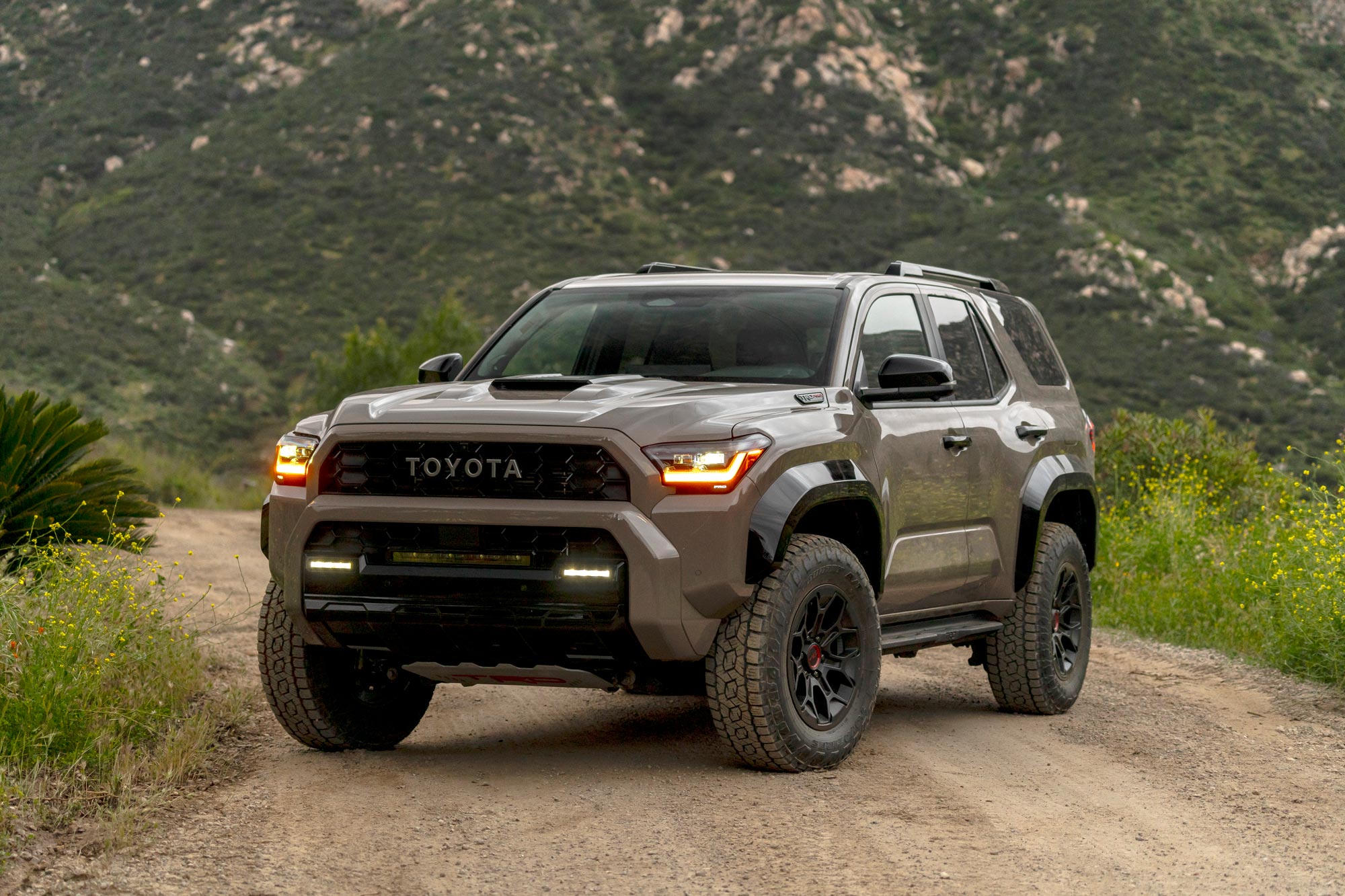 2025 Toyota 4Runner in brown parked on a dirt road in the mountains.