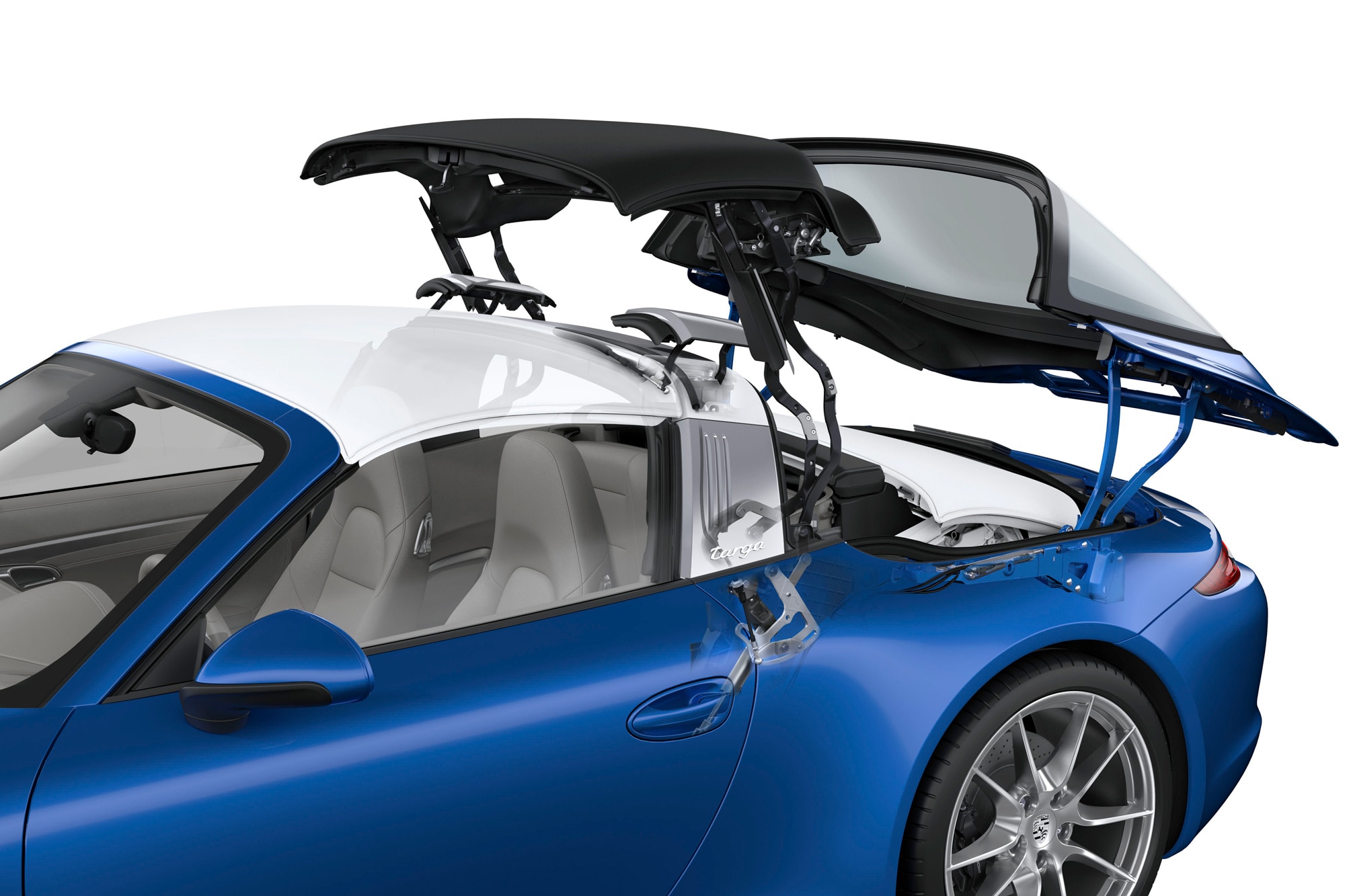 Blue 2014 911 Targa roof system with moving parts; soft top and rear glass window