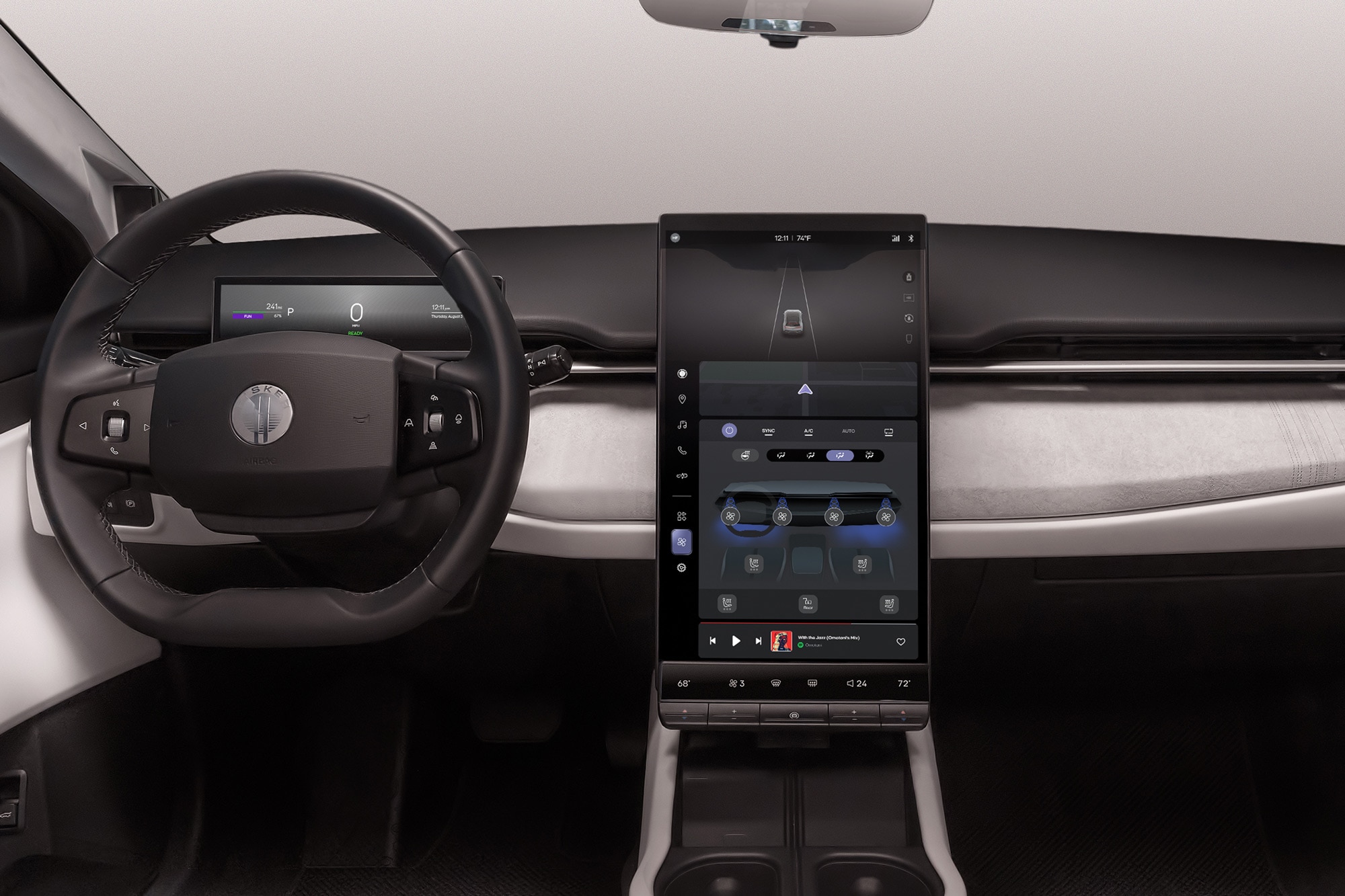 Steering wheel, touchscreen, and dashboard in a Fisker Ocean