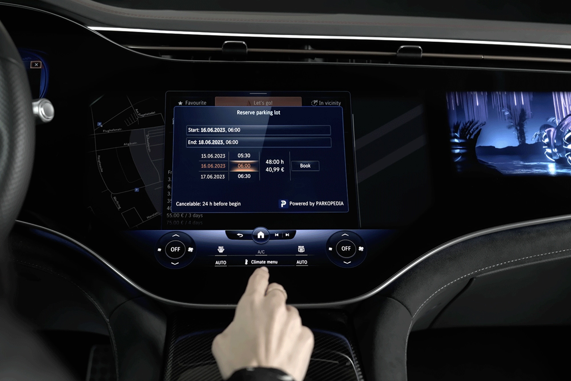 Parkopedia displayed on the MBUX infotainment system in a Mercedes-Benz