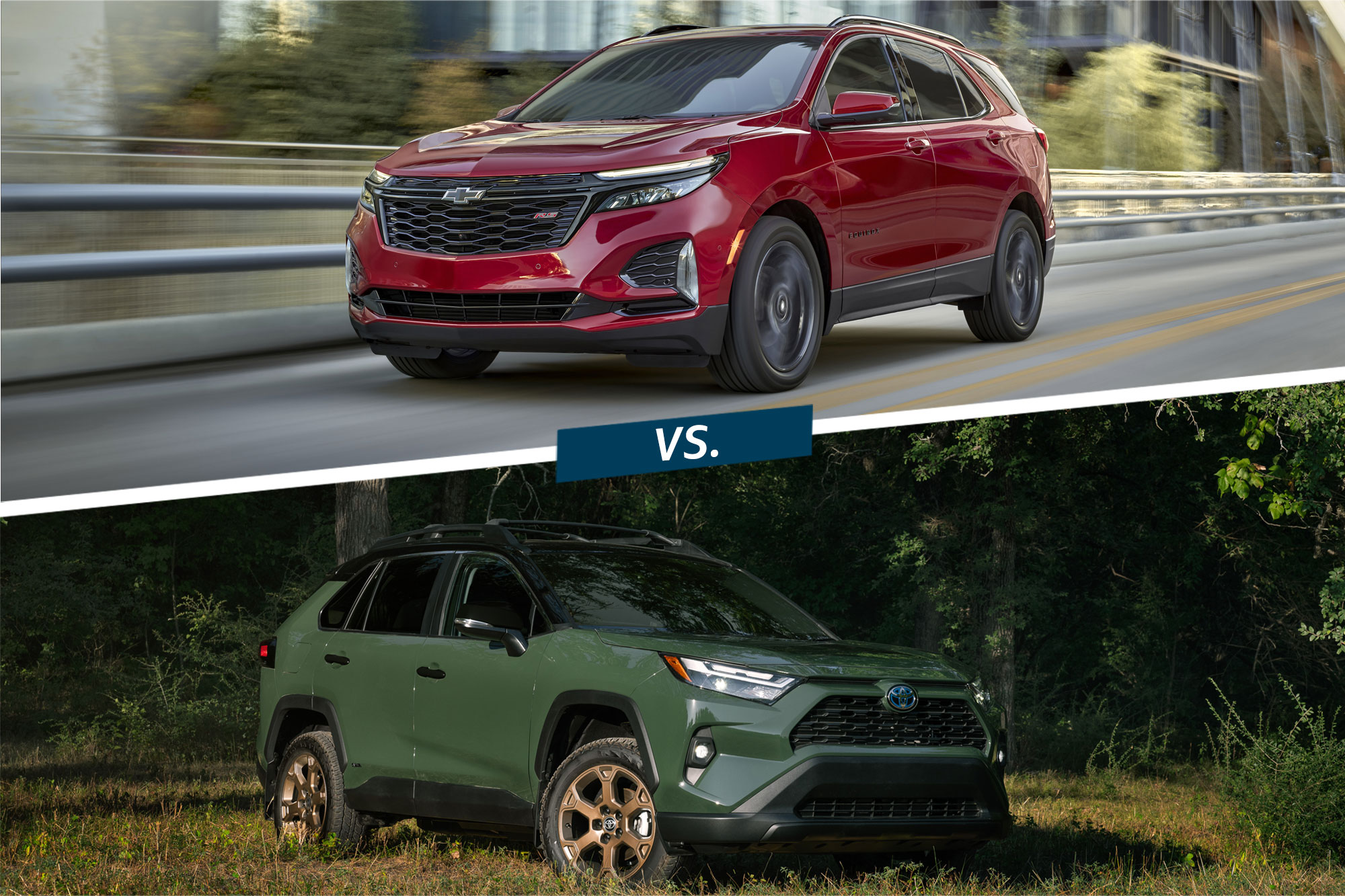 Red Chevrolet Equinox on top of split image with green ToyotaRAV4 on bottom.