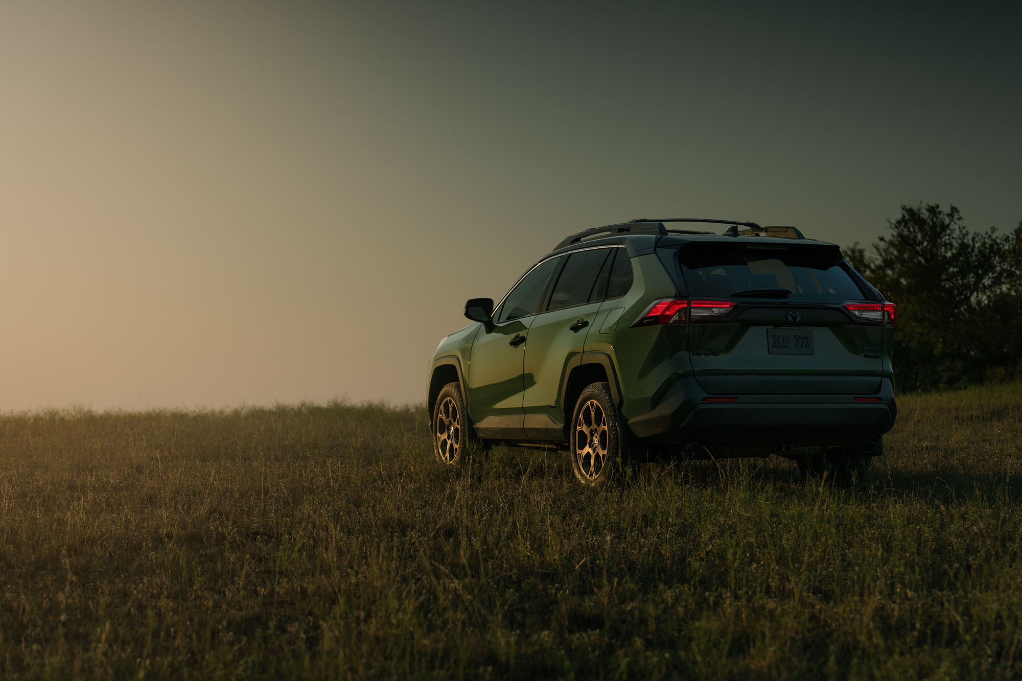 Green ToyotaRAV4 parked in a grassy field.