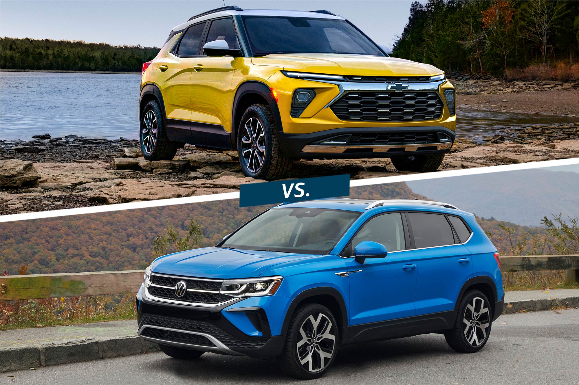 The front of a yellow 2024 Chevrolet Trailblazer and a blue 2024 Volkswagen Taos