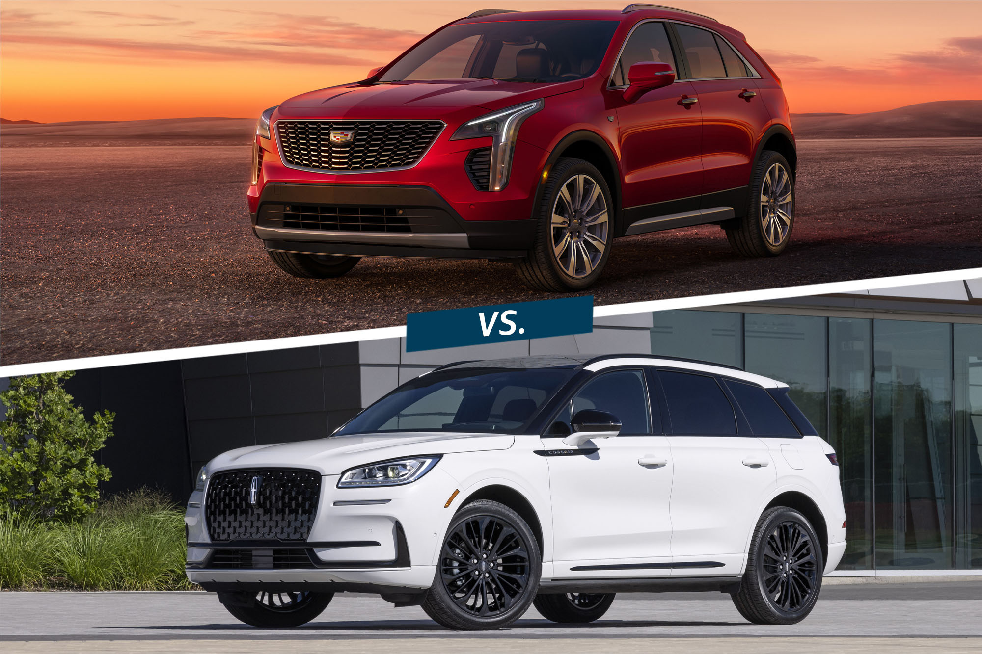 2023 Cadillac XT4 Premium Luxury in Radiant Red Tintcoat atop a 2023 Lincoln Corsair Reserve in white.