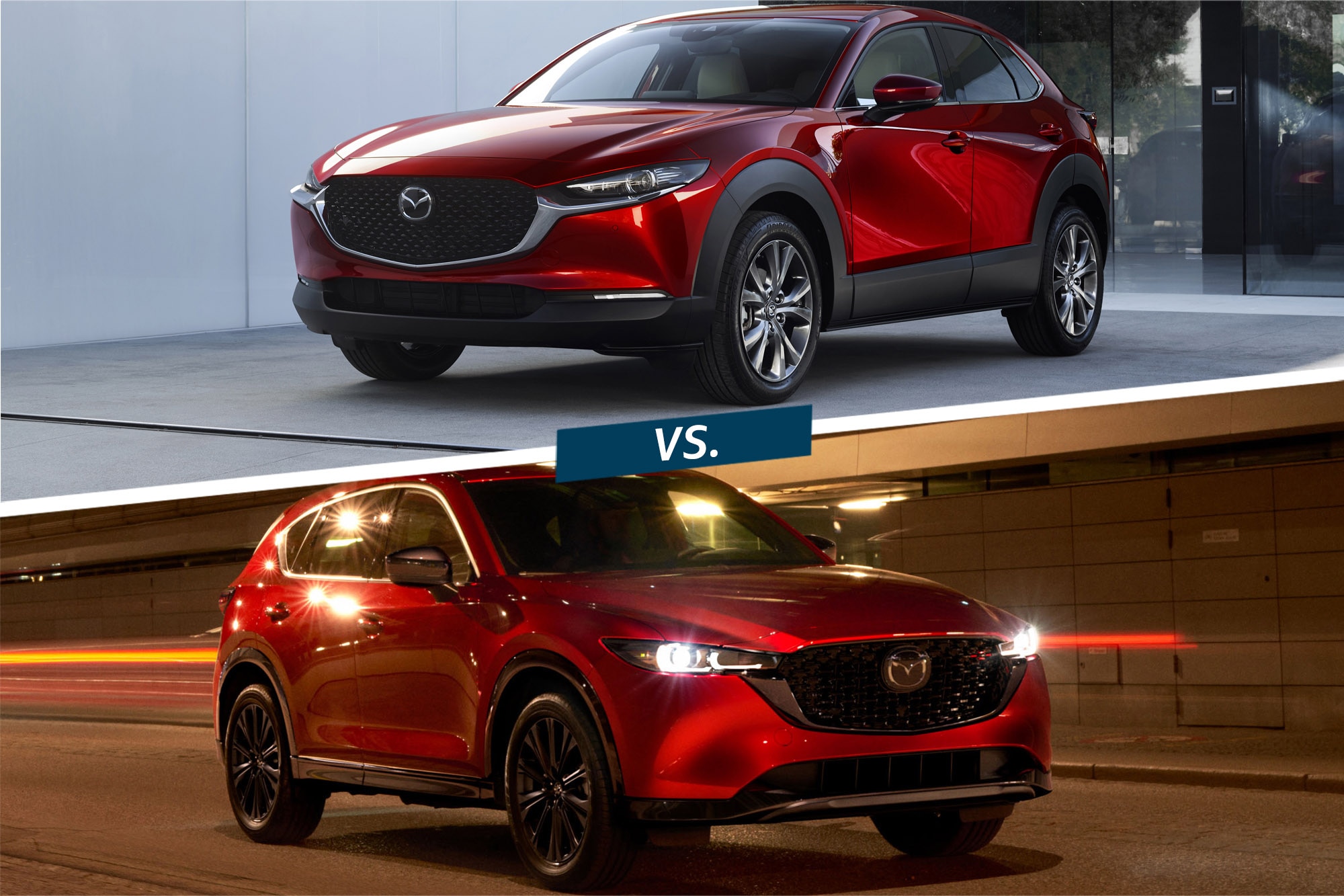 2023 Mazda CX-30 in red atop a red 2023 Mazda CX-5