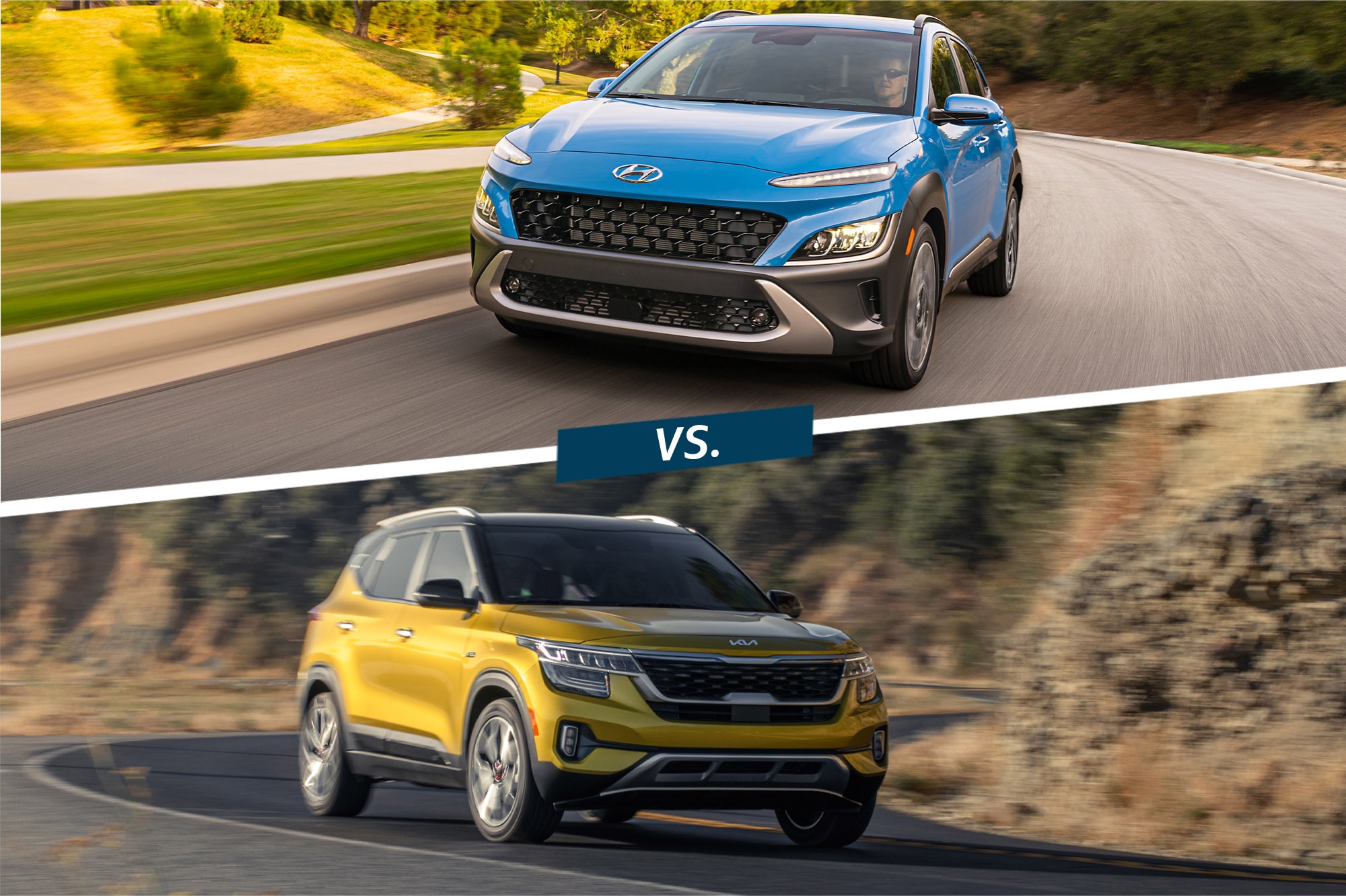 2023 Hyundai Kona Limited in blue atop a yellow 2023 Kia Seltos