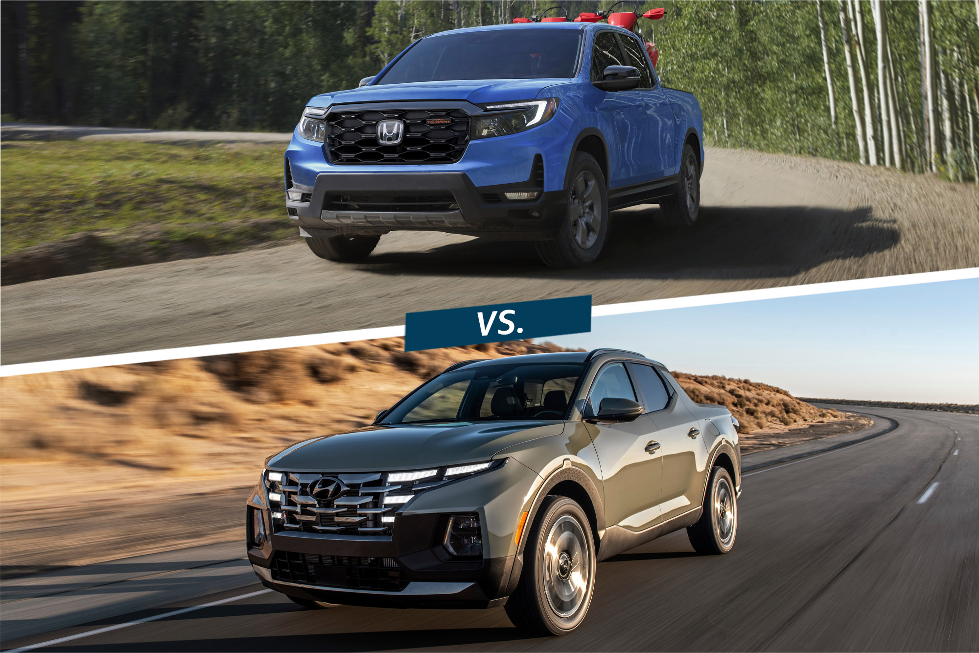 Blue Honda Ridgeline on top of split image with dark gray Hyundai Santa Cruz on the bottom.