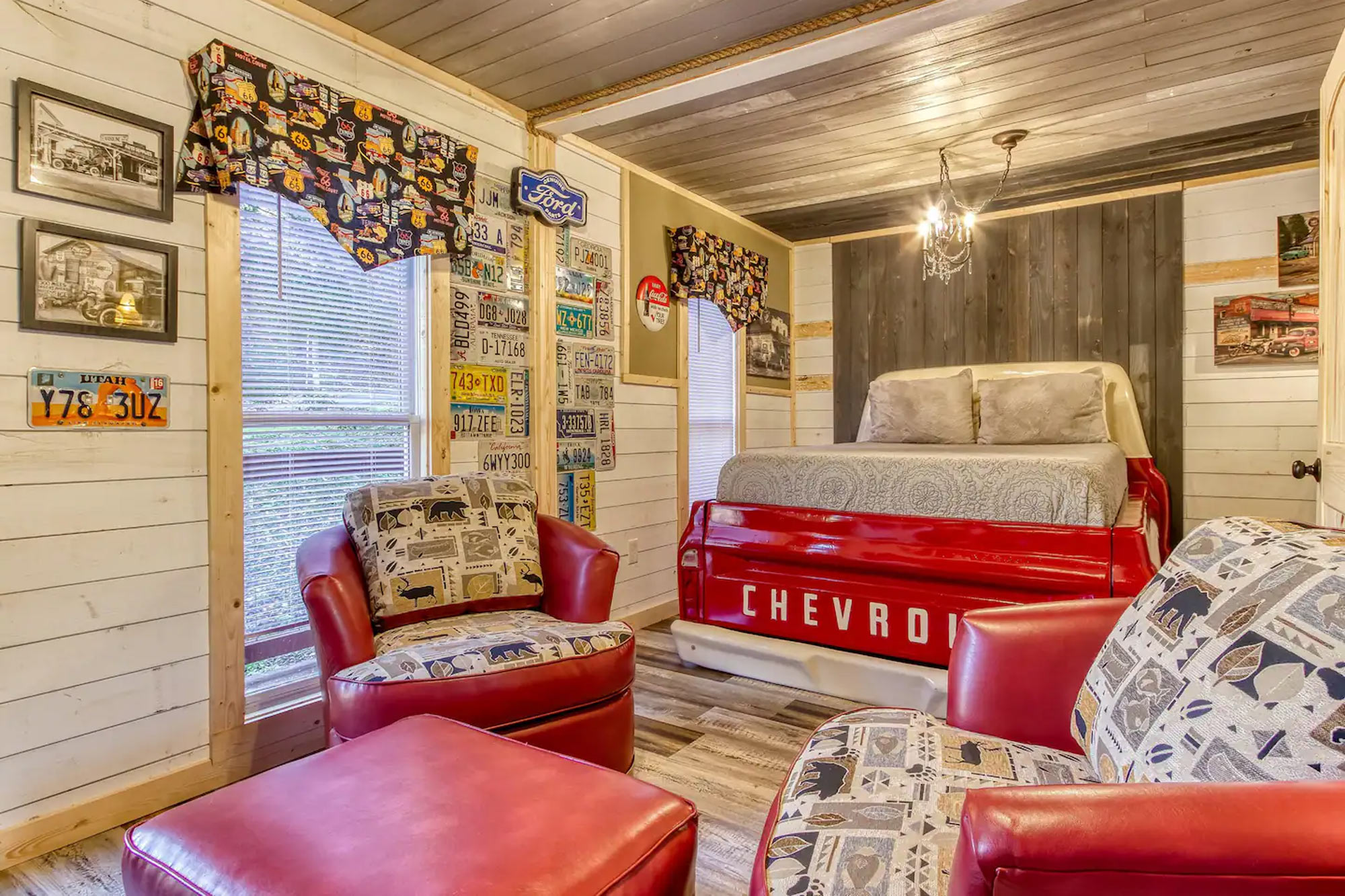 Red Chevrolet pickup bed in Tennessee Airbnb