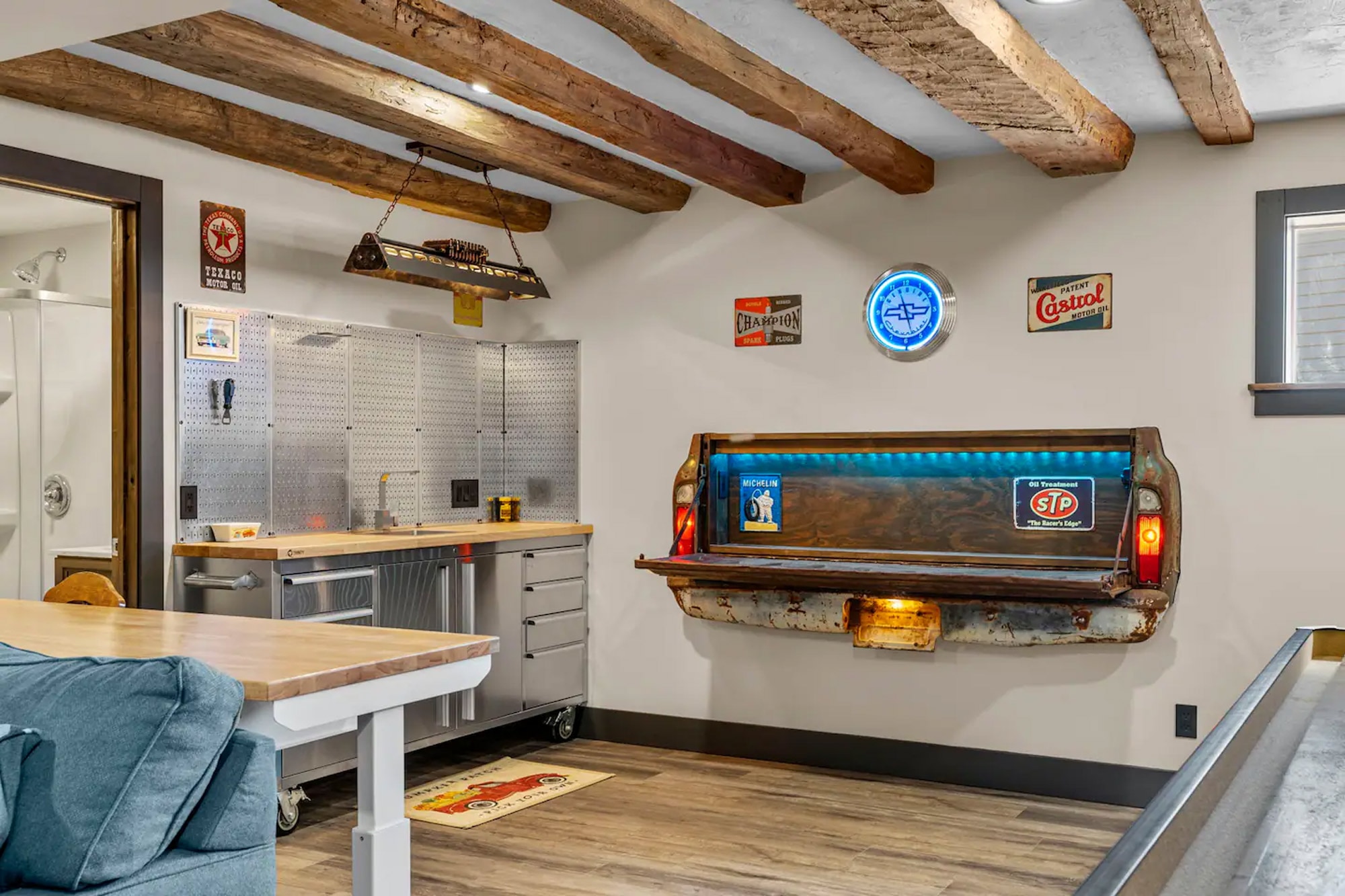 Chevrolet tailgate bar in car-themed airbnb in Pennsylvania
