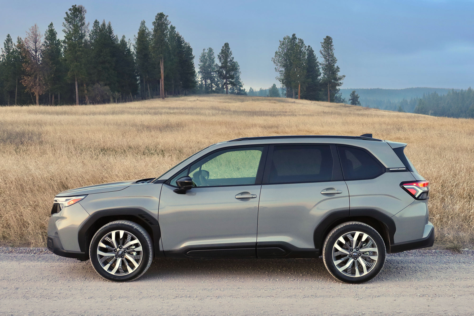 Side of a silver 2025 Subaru Forester Touring