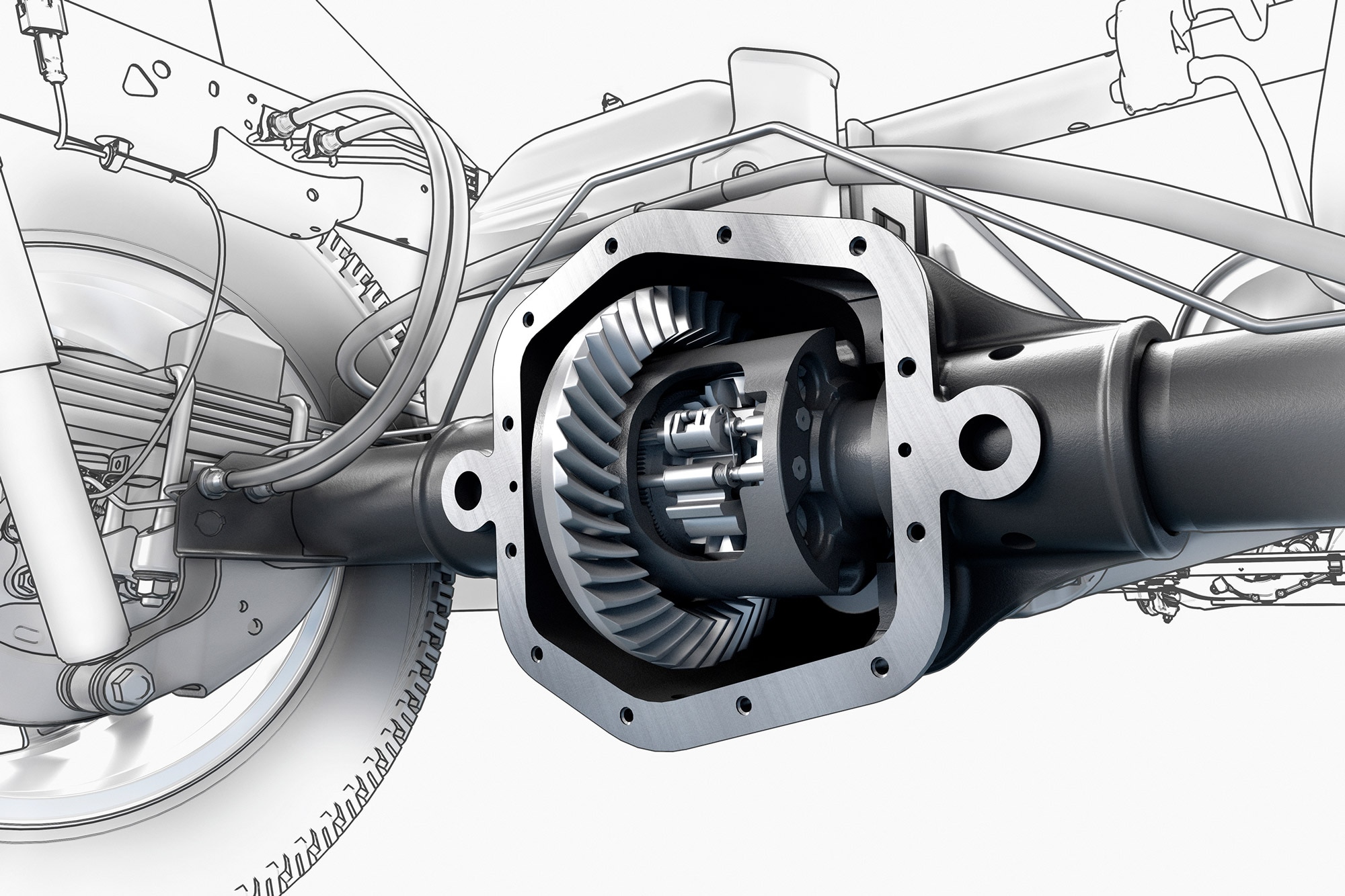 A cut-away illustration of a GMC differential on a rear axle
