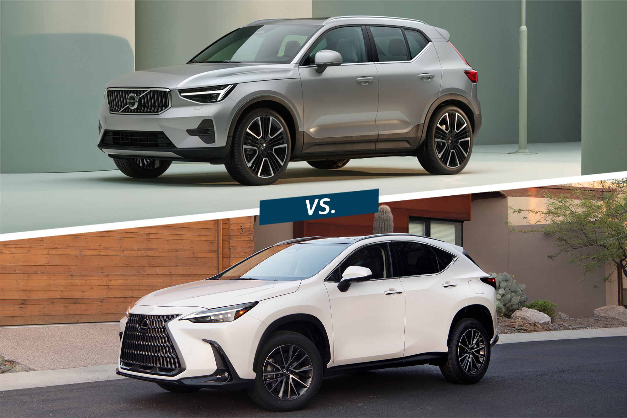 A silver 2024 Volvo XC40 and a white 2024 Lexus NX