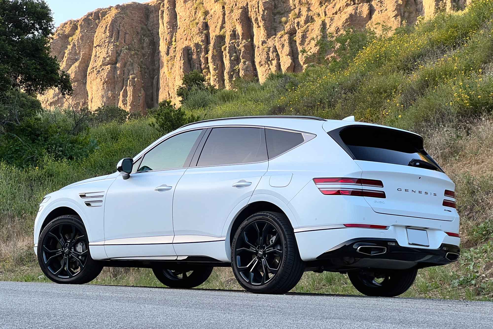 Rear-quarter view of a white 2024 Genesis GV80 3.5T Prestige Signature with brush, a hillside, and a rocky cliff in the background.