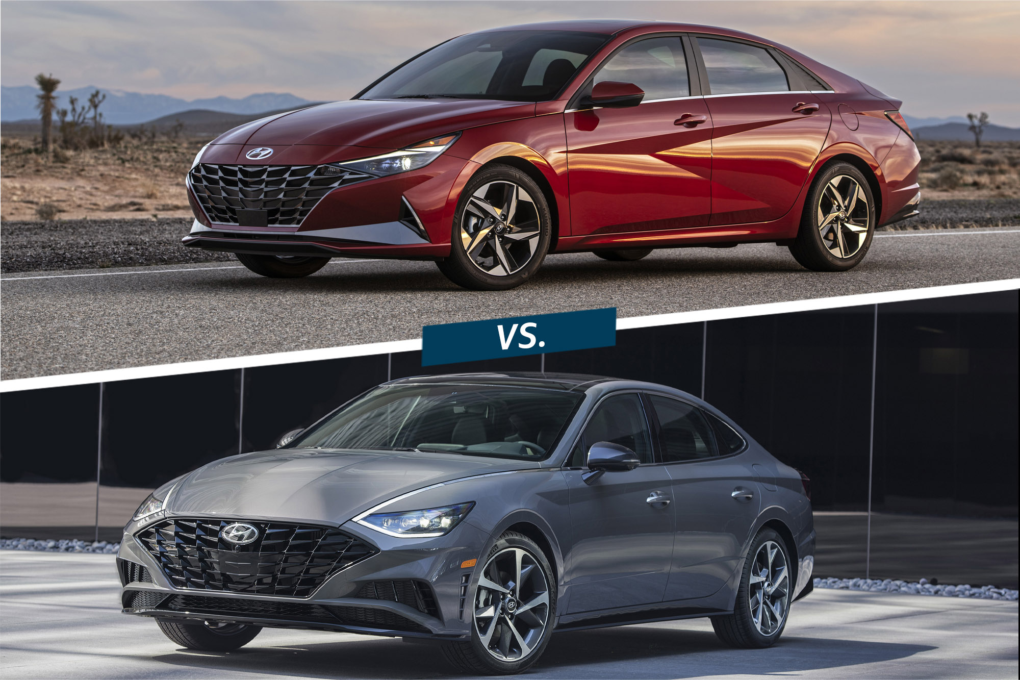 2023 Hyundai Elantra in red atop a 2023 Hyundai Sonata in gray